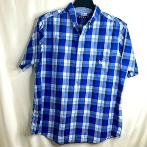 Chaps Button Up Short Sleeve Shirt Blue Plaid Size XL